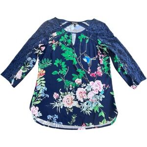 Express Dark Floral Satin Lace V‎ Neck Navy Blue Top XS Romanic Dark Cottagecore